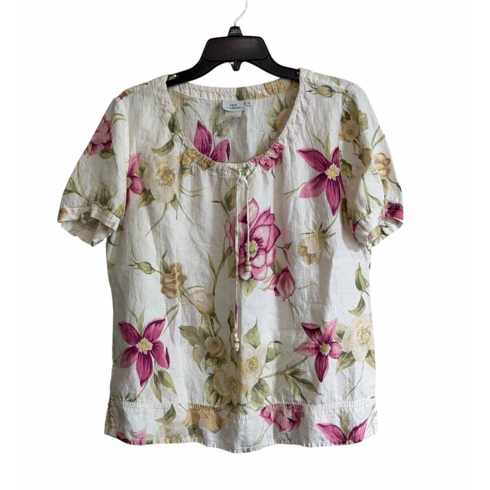 Hot Cotton Vtg Linen Floral Peasant Blouse Botanical Cottagecore Romantic Large
